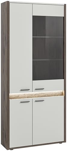 xonox.home Wohnzimmer Falcona Vitrine Glas Schrank Glasvitrine Vitrinenschrank Schukasten Front hellgrau Nb. Korpus Nox Oak Eiche dunkel Nb.ca.82x198x37cm inkl. Frontbeleuchtung