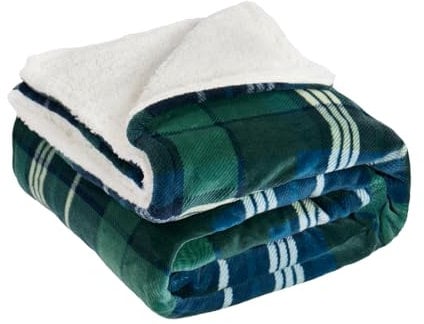 OHS Throw Blanket Fleece, Hudson Check Throws with Sherpa Reverse Ultra Soft Warm Green Throws for Bed Sofa Christmas Blanket Living Room Bedroom - Green, 130 x 160cm