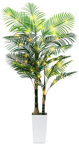 Albero di palma artificiale in canna dorata, 1,8 m, con luci LED e fioriera alta bianca, realistica, con tronco e foglie di palma realistiche, per casa, ufficio, soggiorno, decorazione ad angolo
