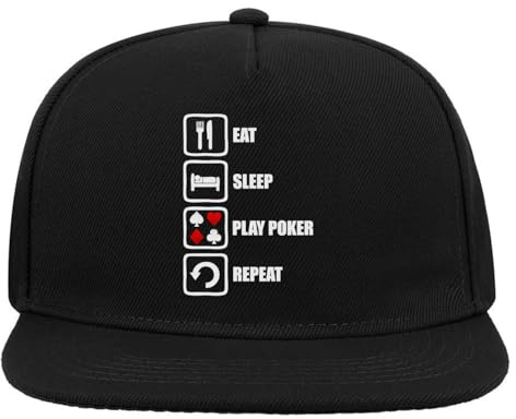 Atspauda Baseballmütze mit flachem Visier, Motiv: Eat Sleep Play Poker Repeat Slogan 5 Panel Snapback, Schwarz, Schwarz , Einheitsgröße