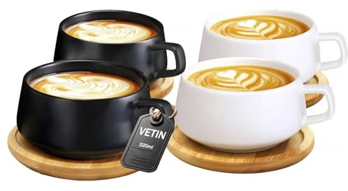 VETIN Lot de 4 tasses à cappuccino avec soucoupes, 300 ml, en porcelaine, pour thé, café, cappuccino, latte, tasses à café avec disque en bois (noir, 2 + 2 blancs)