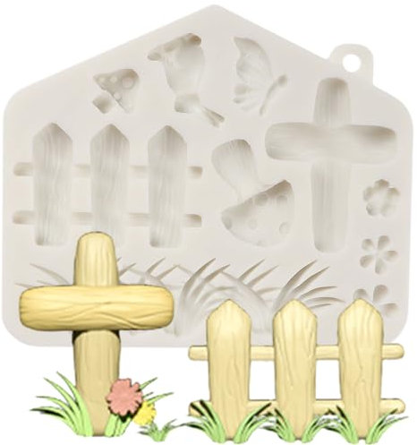 MINFEIDMS Vintage Fairy Garden Fondant Moulds Green Grass Flower Mushroom Picket Fence Silicone Mould for Cake Decoration Cupcake Topper Sugar Craft Candy Gum Paste Polymer Clay