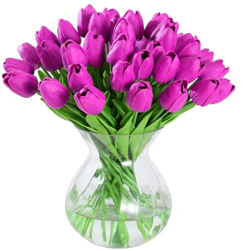 JUSTOYOU 20 STK PU Real Touch Latex Künstliche Tulpen Gefälschte Tulpen Blumen Blumensträuße Blumen Arrangement für Home Room Hochzeitsstrauß Party Herzstück Dekor(Lila