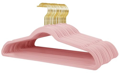 Stormix 22 Perchas De Terciopelo, 17.3 x 8.9 Pulgadas Perchas De Ropa, Antideslizante Vestidos Perchas con Hombro Muescas para Adultos Rosa (Gancho de Oro)