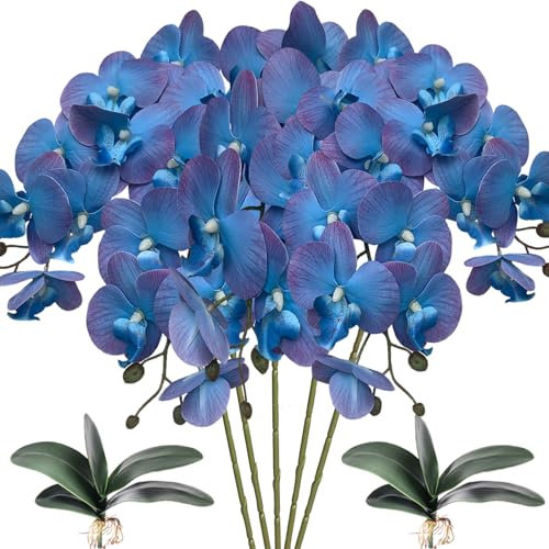 HinyoCo 5 Pz Fiori Orchidea Finta Ramo Artificiali Phalaenopsis Fiori Orchidea con 2 Pz Foglie per Casa Decorazione (Bordi blu e viola)