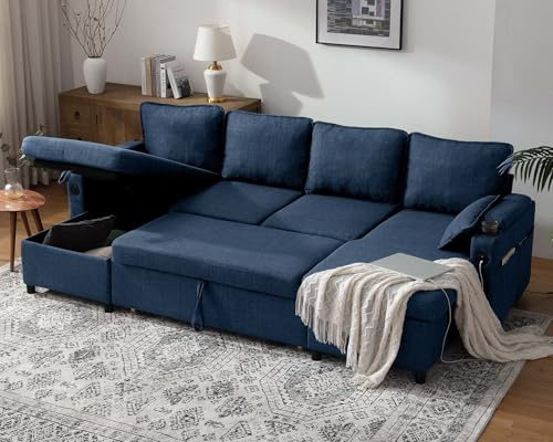 DURASPACE Sofa Bed Sleeper with Double Storage Chaise, Sectional U Shaped Couch for Living Room, Removable Covers, Blue