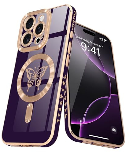 Lafunda Magnetic Case for iPhone 16 Pro Compatible with MagSafe, Purple | Cute Butterfly Pattern Phone Case for Women Girls, Bling Plating Soft TPU Bumper Anti-Scratch Shockproof Slim Cover