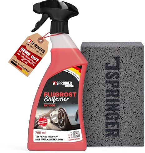 SPRINGER RX1000 - - Flugrostentferner 750 ml + Schwamm - - Made in Germany - - Schonender & tiefenwirksamer Rost-Reiniger - - Rostentferner für Flugrost, Korrosionsspuren, Industriestaub, etc.