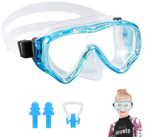 HIKOTEY Masque de Plongée pour Enfant 4-16 Ans,Lunettes de Plongée Panoramiques 180°,Lentille en Verre Trempé Antibuée et étanche,Comprend des Bouchons d'oreilles étanches et Un Pince-Nez