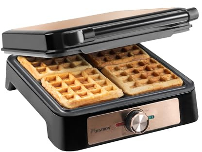 Bestron Waffeleisen für Belgische Waffeln, Belgisches Waffeleisen für 4 Waffeln, Größe 10x10cm, Dicke: 1.5cm, stufenloses Thermostat & Backampel, geeignet für Familien oder Ostern, Farbe: Kupfer