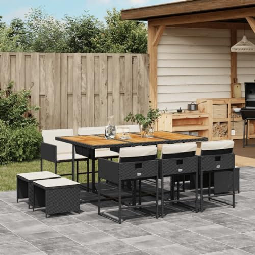 Gecheer 11-TLG.Garten Essgruppe Mit Kissen Rattanmöbel Gartengarnitur Gartenmöbel Set 10 Personen Loungegruppe Balkonmöbel Tisch mit Akazienholz-Tischplatte,6 Stühle 4 Hocker Schwarz Poly Rattan