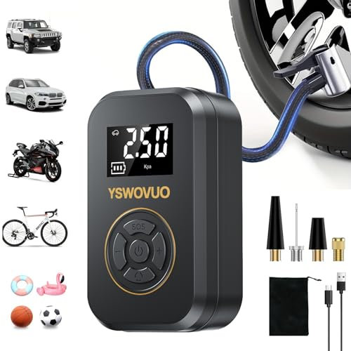 Gonfleur Pneus Voiture sans fil, Compresseur à Air Portatif avec Lumière LED, Arrêt Automatique, Mini Pompe à Air Électrique pour Voiture, Moto, Vélo, Ballon