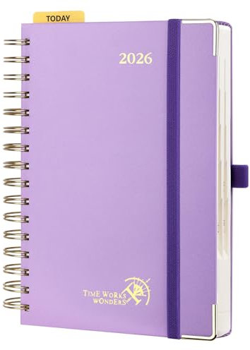 POPRUN Kalender 2026 Tagesplaner 21,5 x 14,5 cm, Tageskalender A5 1 Tag 1 Seite (Montag - Sonntag), Terminplaner (Jan.2026-Dez.2026) Ringbuch mit Hardcover, Plastiklineal - Violett
