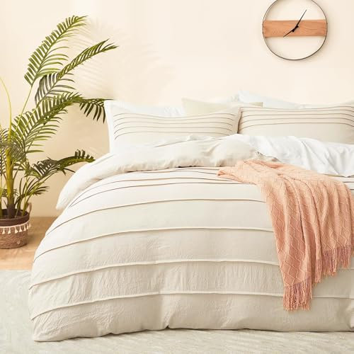 DJY Super King Duvet Cover Set - 3 Piece Beige Pleated Boho Bedding, Textured Microfiber with Zipped Closure, Soft Breathable Fabric (220x260cm)