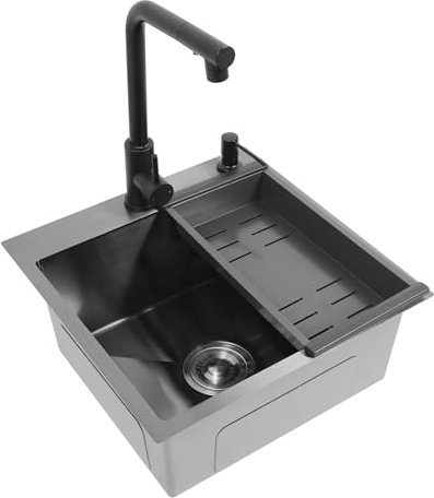 Fregadero negro 45 x 45 cm, fregadero de cocina de acero inoxidable, fregadero de cocina con grifo extensible, escurridor y dispensador de jabón