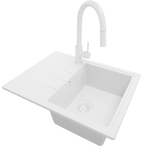 PRIMAGRAN Granitspüle ab 40er Unterschrank + Küchenarmatur, 62x50cm | Set: Küchenarmatur BW9010 + Ablauf-Set (Siphon, Ablaufgarnitur, Überlauf) + Spülbecken 1 Becken - Mailand, Alles Weiß