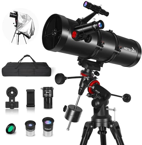 HETEKAN 150EQ Spiegelteleskop für Erwachsene & Anfänger, Professionelles Teleskop Astronomie mit Äquatorialmontierung, Handyhalterung, Edelstahl-Stativ, Staubschutzabdeckung & Tragetasche