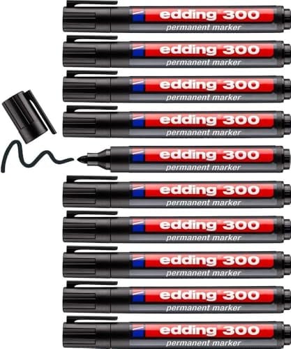 edding 300 Permanentmarker - schwarz - 10 Stifte - Rundspitze 1,5-3 mm - wasserfest, schnell-trocknend - wischfest - für Karton, Kunststoff, Glas, Holz, Metall, Glas