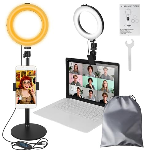 Ringlicht mit Stativ, 6 Zoll LED Ring Light mit 3 Lichtfarben und 10 Helligkeiten, Selfie Licht für Handy Laptop PC, Ringlicht mit Stativ Handy für Videokonferenz Streaming Zoom Meeting YouTube TikTok