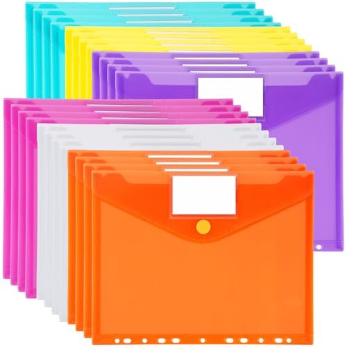 24 Stück Dokumententasche A4, Wasserdichte Dokumentenmappe a4 mit 11 Lochrand zum Abheften, Bunte Mappen mit Etikettentaschen für Broschüren, Ordner, Loseblätter, Dokumente (6 Farben)