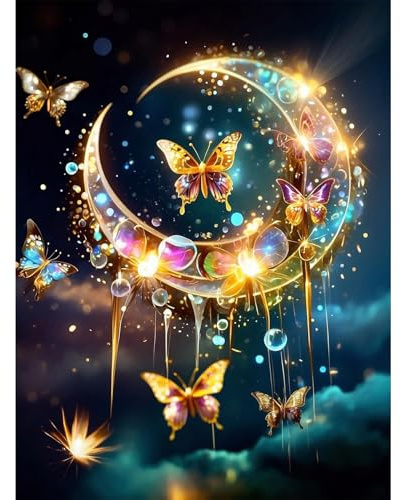 GEEHEIY Diamond Painting Erwachsene Mond Schmetterlinge 30 x 40 cm | 5D DIY Diamantmalerei Bild für Erwachsene, Fantasy Mond Deko,