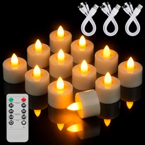 ropelux 12 Wiederaufladbare Teelichter mit Fernbedienung & Timer, Flackernde LED-Teelichtkerzen mit Ladestation für Weihnachten, Hochzeiten, Partys, Feste [Energieklasse A]