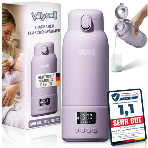 Valy&Oli® Flaschenwärmer Baby Unterwegs [Power 16.000mAh Akku] - Blitzschnell in 3 Min auf 37°C [Bis 100°C] - Tragbarer Milchwärmer [500ml] - Auslaufsicherer Babyflaschenwärmer (Lavendel-Lila)