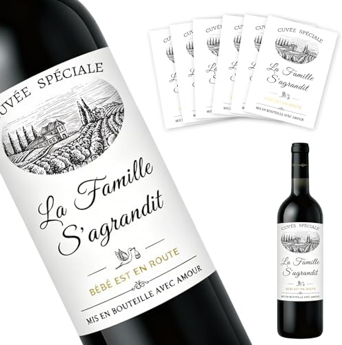 Scettar 6 Pièces Etiquette de Vin Annonce Grossesse, Etiquette de Bouteille Bébé est en Route Champagne Annonce(11 * 8cm), Cadeau surprise famille amis