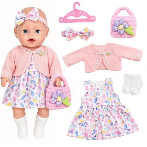 6 Stück Puppenkleidung für 35-45cm Baby Puppen, Rosa Schmetterling Puppenkleidung 43 cm mit Jacke Blumenkleid Haarband Socken Tasche Kleiderbügel für 14-18zoll Puppen Outfit Geschenke für Kinder