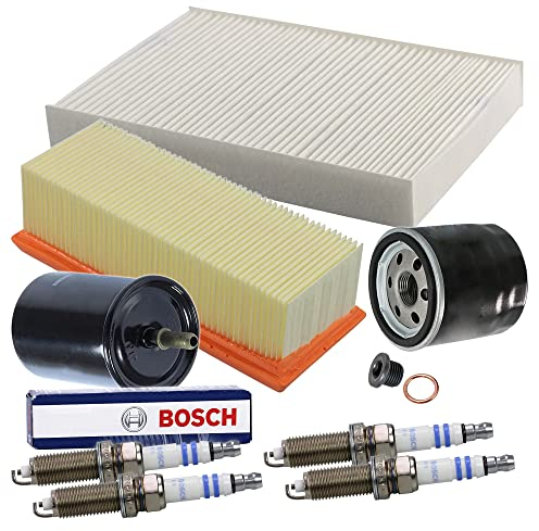 BESTPRICE Inspektionspaket Filterset mit 1x Ölfilter, 1x Luftfilter, 1x Innenraumfilter, 1x Kraftstofffilter, 4x Zündkerze Super Plus VR8SC+, 1x Ölablassschraube inkl. Dichtung,