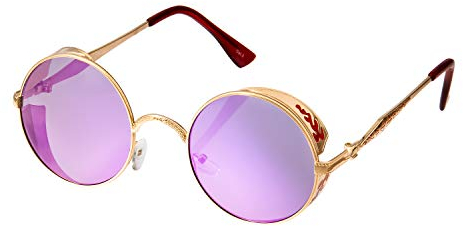 Ultra Gold mit Lila Gläsern Steampunk Sonnenbrille Retro Damen Herren Rund Rave Gothic Vintage Victorian Kupfer UV400 Schutz Metall Unisex