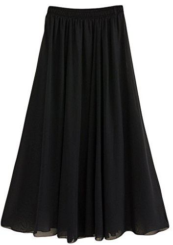 Donna Pieghettato Retro Maxi Gonna Lunga Elastica Solida Colore Gonna Nero