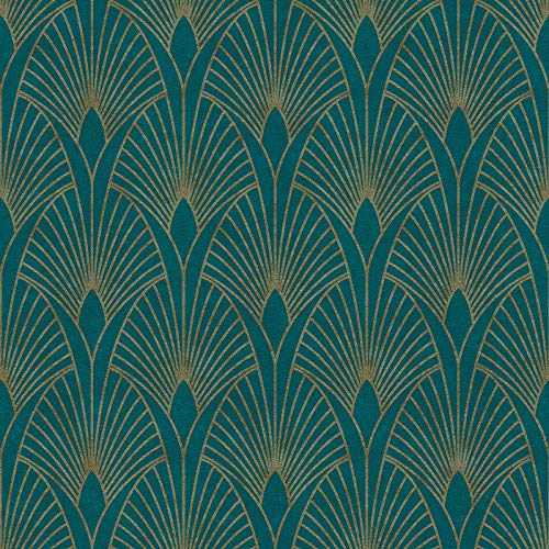 Art Déco Tapete in Petrol und Gold | 20er Jahre Tapete mit Ornament | Metallic Vliestapete für Schlafzimmer und Wohnzimmer