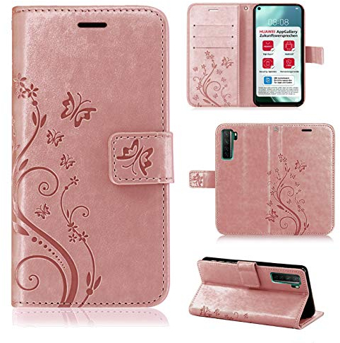 betterfon Hülle Kompatibel mit Huawei P40 Lite 5G | Premium PU Leder Handyhülle Wallet Case für P40 Lite 5G | Schutzhülle Blumen Klapphülle Handyhülle | Rosegold