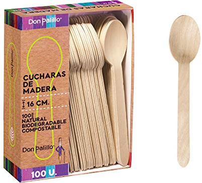 DON PALILLO - Juego de 100 Cucharas Desechables de Madera, 16 cm. 100% Natural, Ecológico, Biodegradable