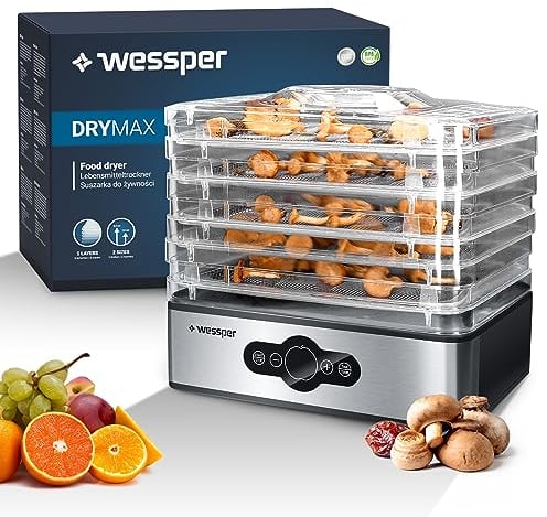 Sillar Essiccatore frutta e verdura, 5 vassoi, Disidratatore per Alimenti, Essiccatore Alimentare, Temperatura regolabile (35°-70°C), Timer di 99 ore, 240W