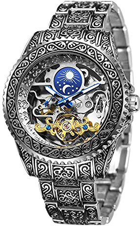 Retro Geschnitzt Skelett Steampunk Automatik Armbanduhr Goldene Silber Herren Uhr mit Metallarmband AM/PM Sonne Mond Geschenke für Manner, Silber
