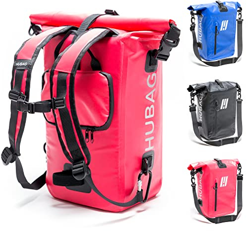 HUBAG 4in1 Fahrradtasche mit IPX6 Zertifizierung - 25L Groß - Wasserdicht & Reflektierend - Gepäckträgertasche, Fahrrad Rucksack, Umhängetasche und Drybag für Gepäckträger (in Pink-Rot)