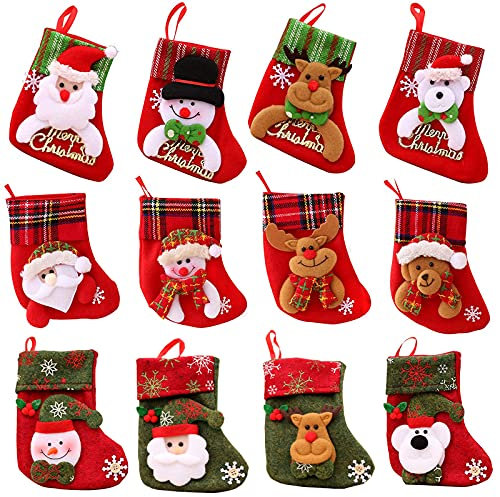 Mini Weihnachtsstrumpf, 12 Nikolausstrumpf Klein, Weihnachtssocken zum Aufhängen, Weihnachtsstrumpf Deko für Kamin Weihnachtsbaumschmuck Süßigkeitenbeutel, Weihnachtsmann, Rentier, Schneemann, Bär