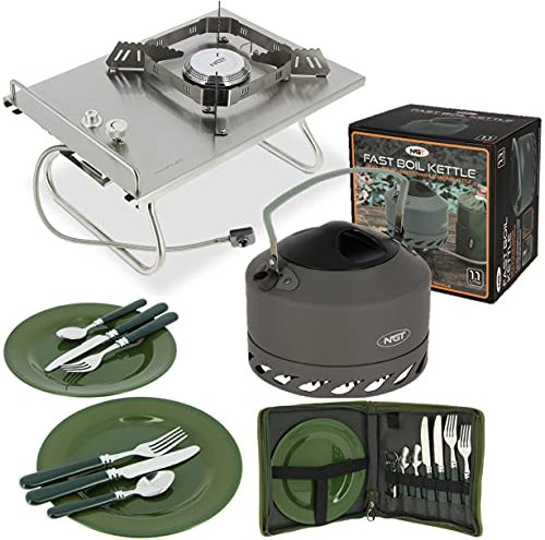 NGT 4.5KW PROFILER CARP FISHING GAS STOVE + FAST BURN/BOIL KETTLE + 600 CUTLERY