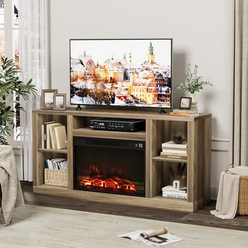 Furniwell Fireplace TV Stand for 65 Inch TV, Media Entertainment Center Console Table with 26 Electric Fireplace, Farmhouse TV Stand with Storage Cabinet for Living Room (Natural)