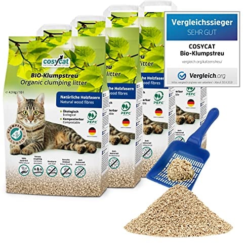 COSYCAT Klumpendes Bio-Katzenstreu aus Holz [100% Natürlich] – in der Toilette entsorgbar – Klumpstreu pflanzlich - Holzstreu (FEIN, 40 l (4 x 10 l))