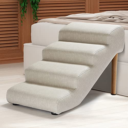 Senneny Escaleras de Piel sintética para Perros, Impermeables, Resistentes a los arañazos, con Espuma de Alta Densidad y Patas de Madera Desmontables, Lino Beige Claro, 4 escalones
