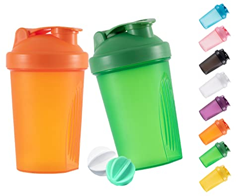 GAISHION Shaker Bottle - Batidos de proteínas y botella agitadora de 400 ml con bolas batidoras, libre de plástico BPA (naranja + verde (2 unidades)