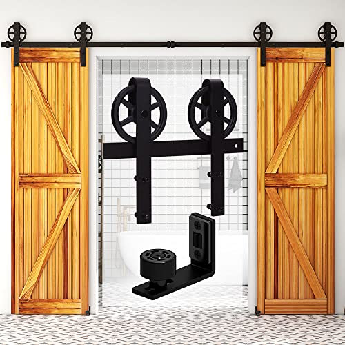 WOLFBIRD 304cm/10ft Schiebetürbeschlag Set Schiebetürsystem mit Bodenführung für Doppeltüren - Türbenutzung | Laufschienen für Schiebetüren - J Shape Aufhänger Set