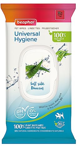 BEAPHAR – Lingettes Universelles 100% végétales pour Chien et Chat – 98% Ingrédient naturels – À l'Eau micellaire, à l'Aloe Vera et à la Pro-Vitamine B5 – 0% parabène/alcool – pH neutre – 30 Lingettes