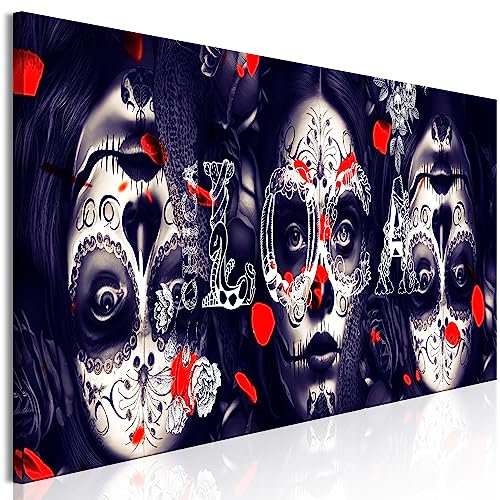 decomonkey Akustikbild Mexikanischer Totenkopf 135x45 cm 1 Teilig Leinwand Modern Bilder Wandbilder XXL Schallschlucker Schallschutz Akustikdämmung Wandbild Deko Gesicht Rosen
