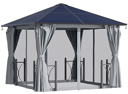 Outsunny IE Located 3 x 3m Hardtop Gazebo Canopy, Garden Pavilion with Polycarbonate Roof, Steel & Aluminium Frame, Mosquito Netting and Curtains, Black