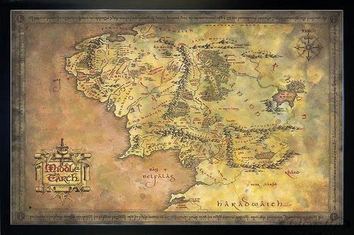 Herr der Ringe Poster Karte von Mittelerde (96,5x66 cm) gerahmt in: Rahmen schwarz