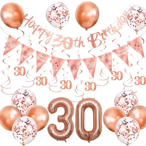 30th Happy Birthday Decoration for Girls, Rose Gold 30th Birthday Party Decoration Kit Including Banner Hanging Swirls Streamers Latex Balloons Foil Balloon